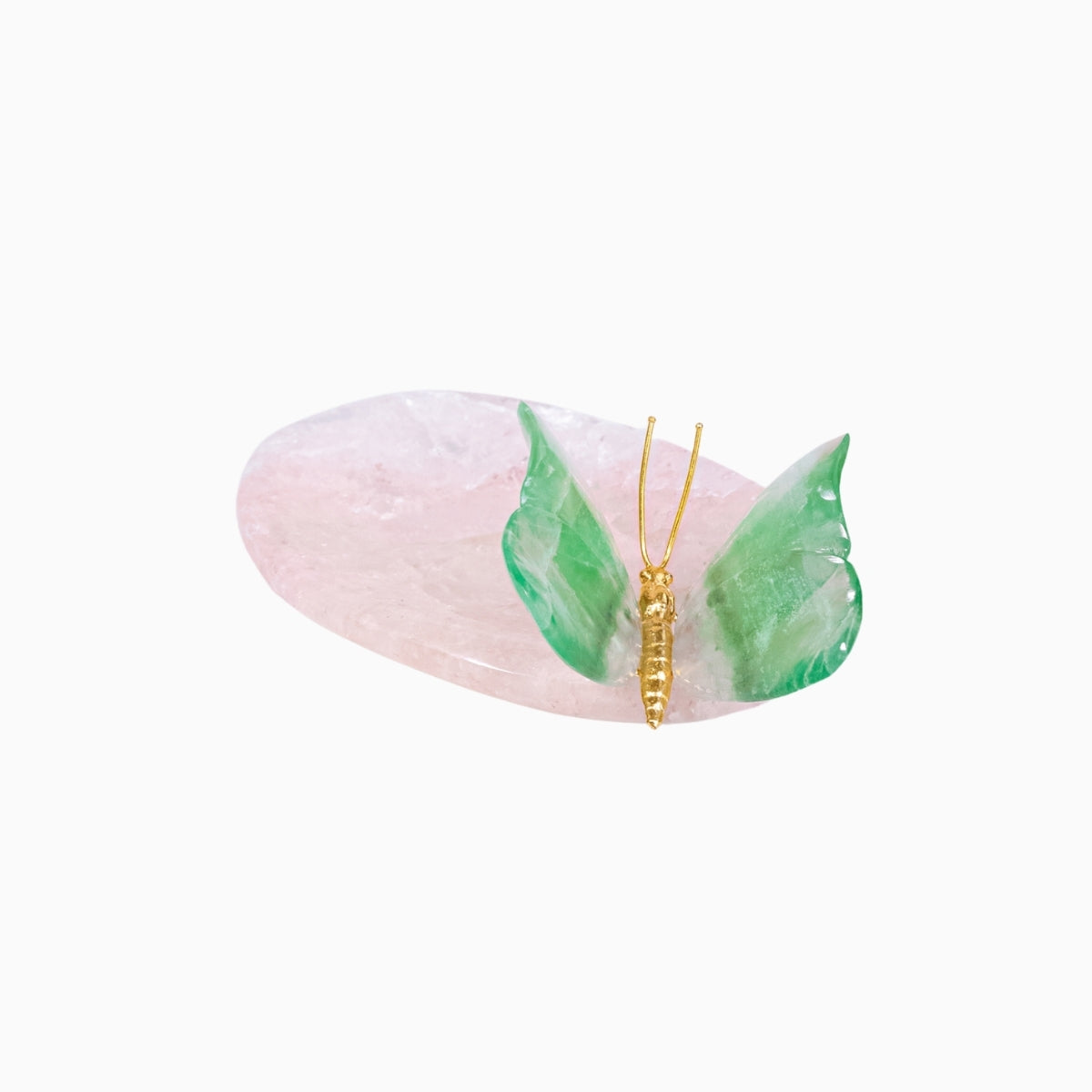 Borboleta Esculpida em Fluorita Verde Sobre Bowl em Quartzo Rosa