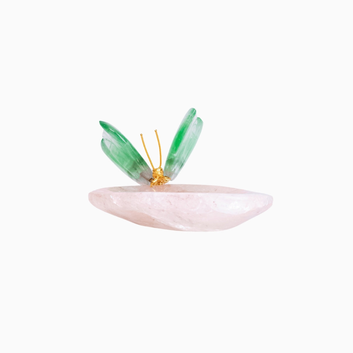 Borboleta Esculpida em Fluorita Verde Sobre Bowl em Quartzo Rosa
