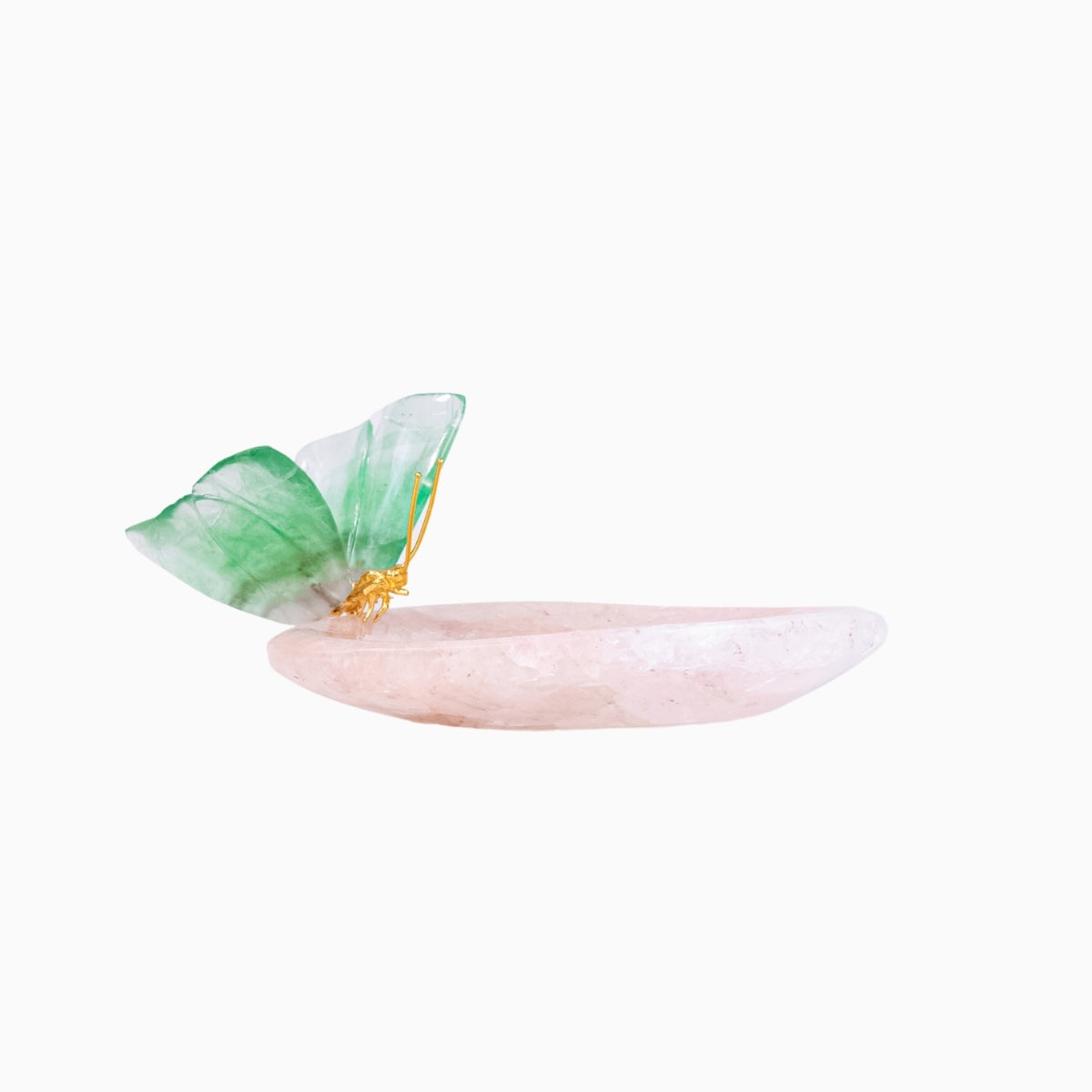 Borboleta Esculpida em Fluorita Verde Sobre Bowl em Quartzo Rosa