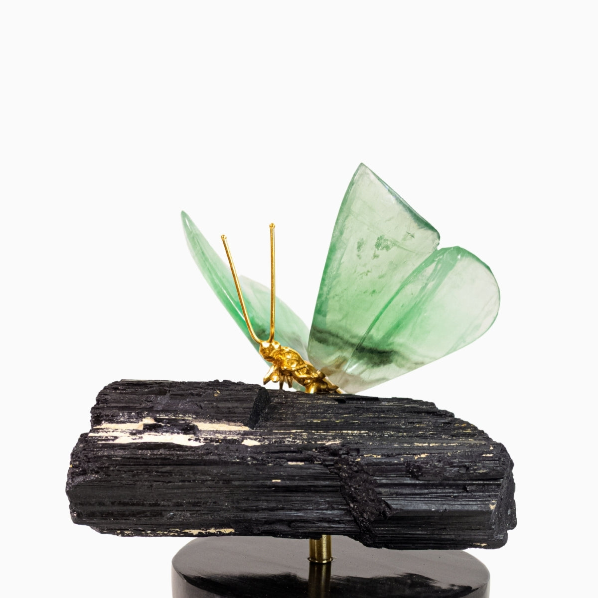 Borboleta Esculpida em Fluorita Verde na Base de Turmalina Negra 1,864 kg