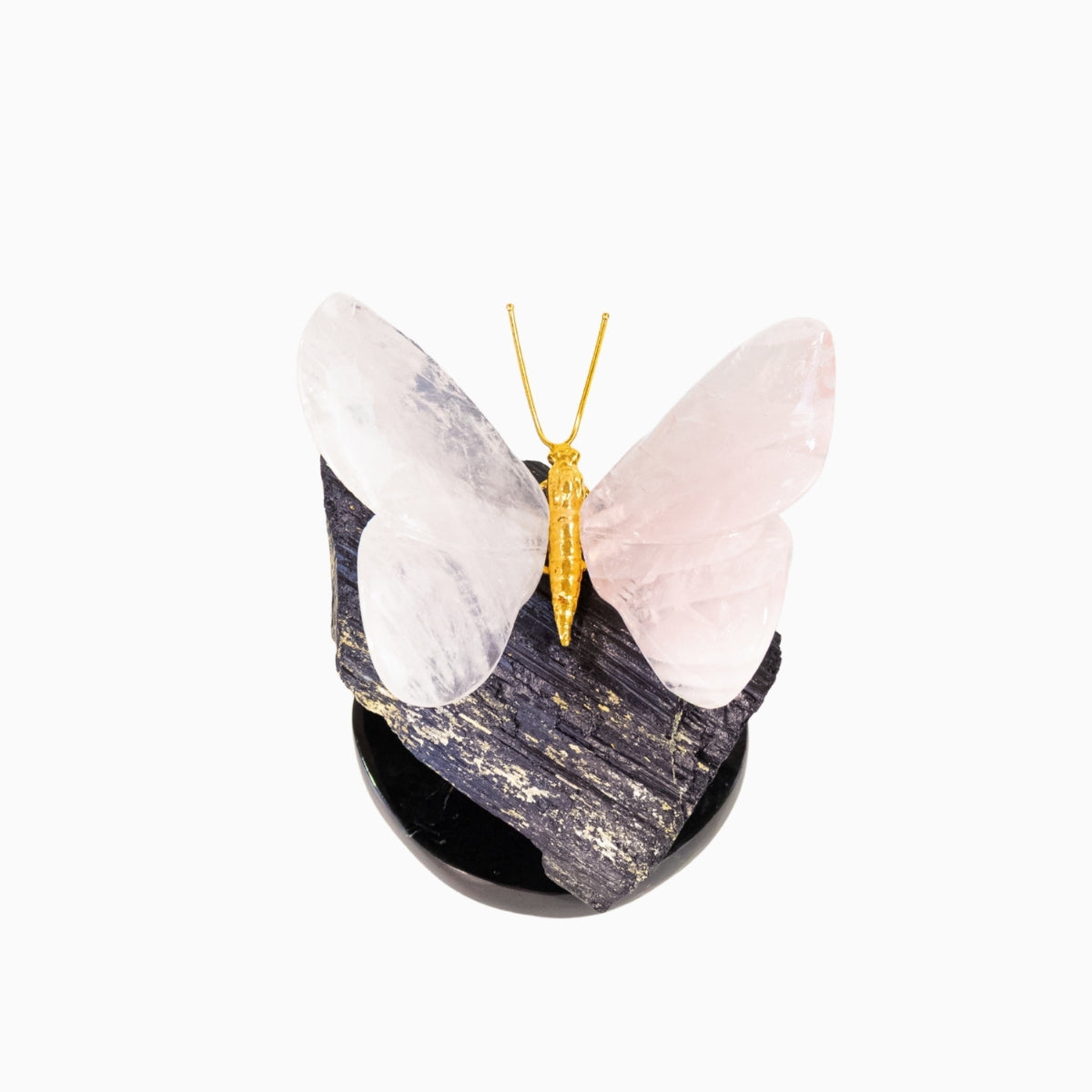 Borboleta Esculpida em Quartzo Rosa na Base de Turmalina Negra 1,923 kg
