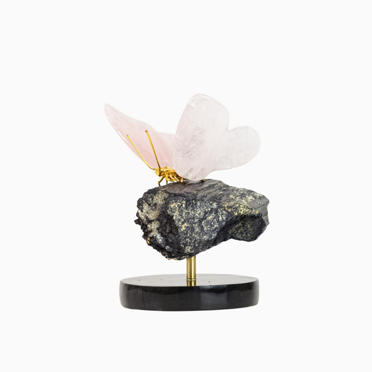 Borboleta Esculpida em Quartzo Rosa na Base de Turmalina Negra 1,923 kg