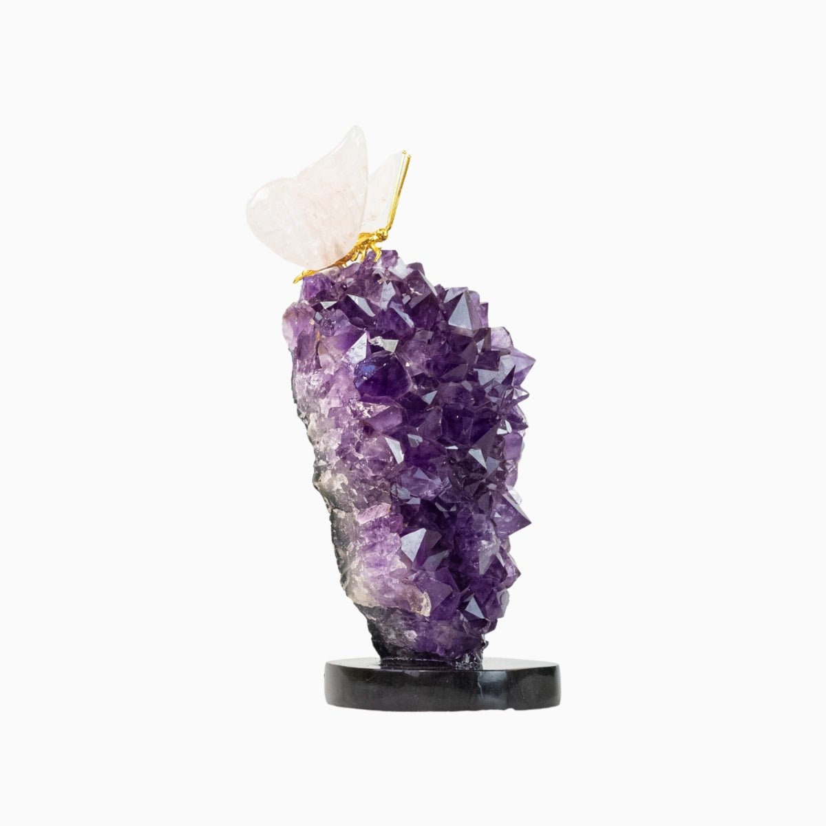 Borboleta Esculpida em Quartzo Rosa na Drusa de Ametista 2,796 kg