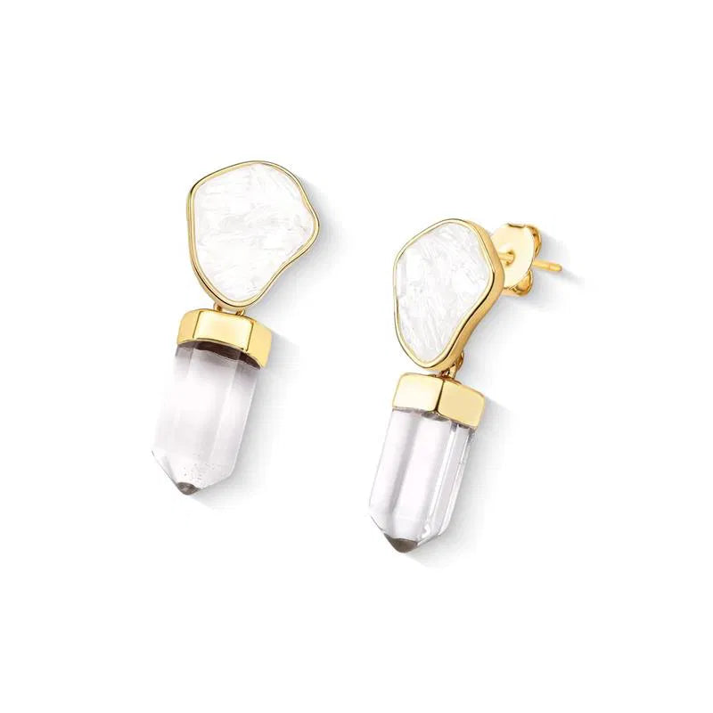 Brinco Selenita Branca e Ponta de Cristal Banho Ouro
