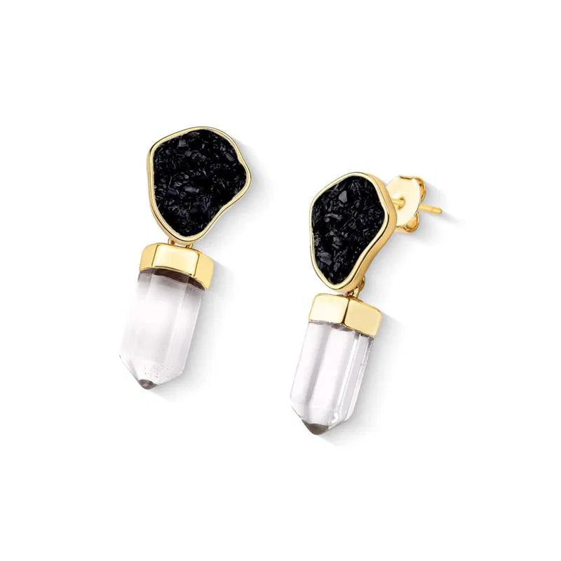 Brinco Turmalina Negra e Ponta de Cristal Banho Ouro