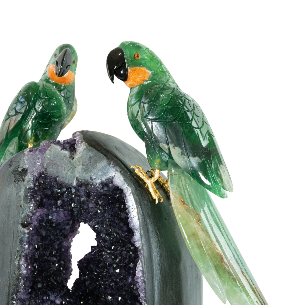 Casal de Araras Esculpido em Fluorita Verde na Drusa de Ametista Uruguaia na Base giratória de mármore negro 17,100 kg