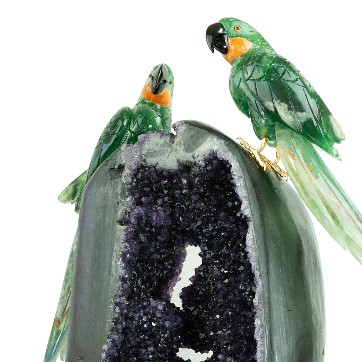 Casal de Araras Esculpido em Fluorita Verde na Drusa de Ametista Uruguaia na Base giratória de mármore negro 17,100 kg
