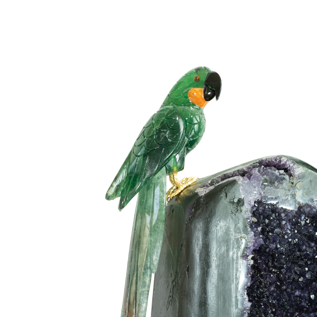 Casal de Araras Esculpido em Fluorita Verde na Drusa de Ametista Uruguaia na Base giratória de mármore negro 17,100 kg
