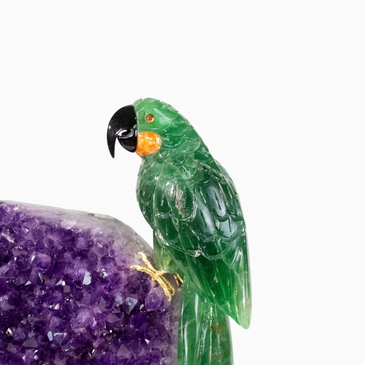 Casal de Araras Esculpido em Fluorita Verde na Drusa de Ametista na Base giratória de mármore negro 15,600 kg