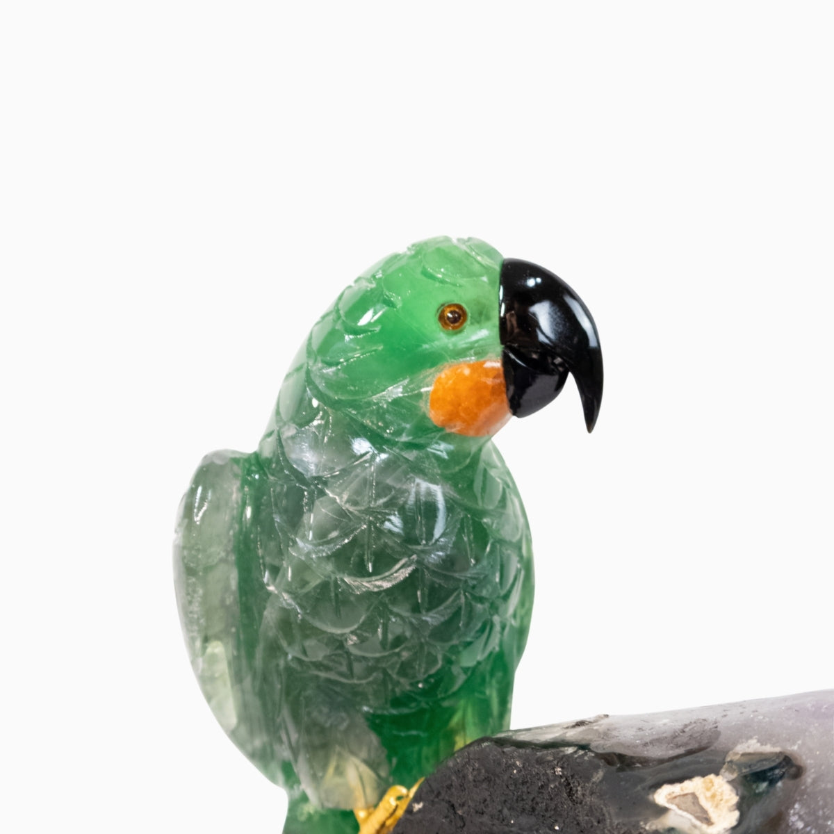 Casal de Araras Esculpido em Fluorita Verde na Drusa de Ametista na Base giratória de mármore negro 15,600 kg