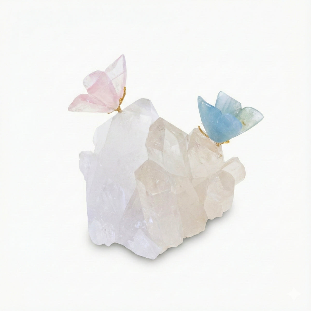 Casal de Borboletas Esculpida em Ônix Azul Argentino e Quartzo Rosa Na Drusa de Cristal Quartzo 1,384kg