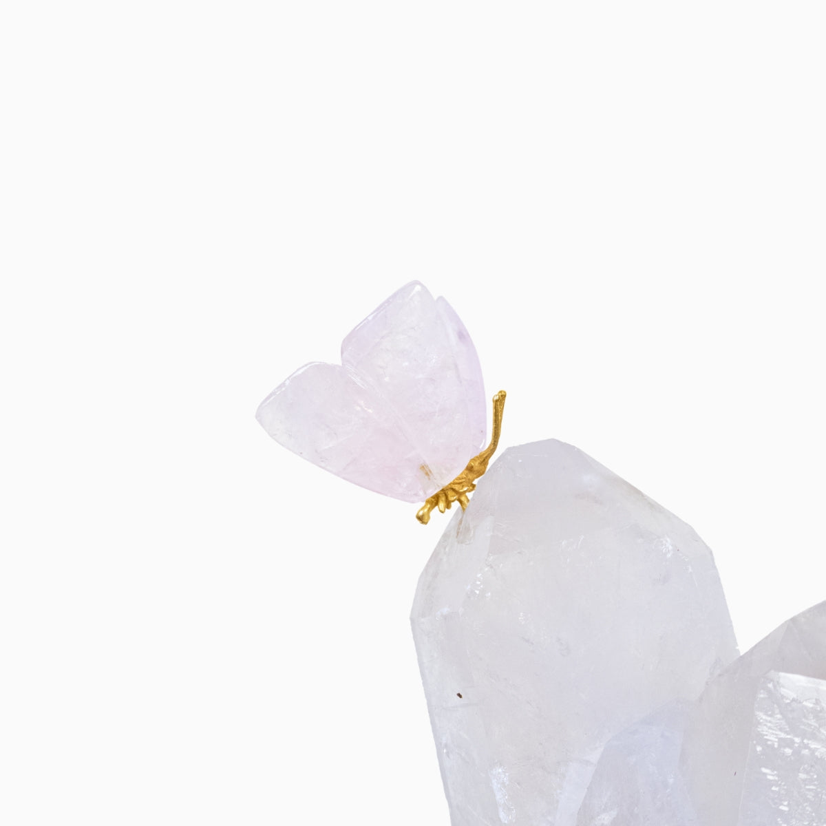 Casal de Borboletas Esculpida em Ônix Azul Argentino e Quartzo Rosa Na Drusa de Cristal Quartzo 1,509 kg