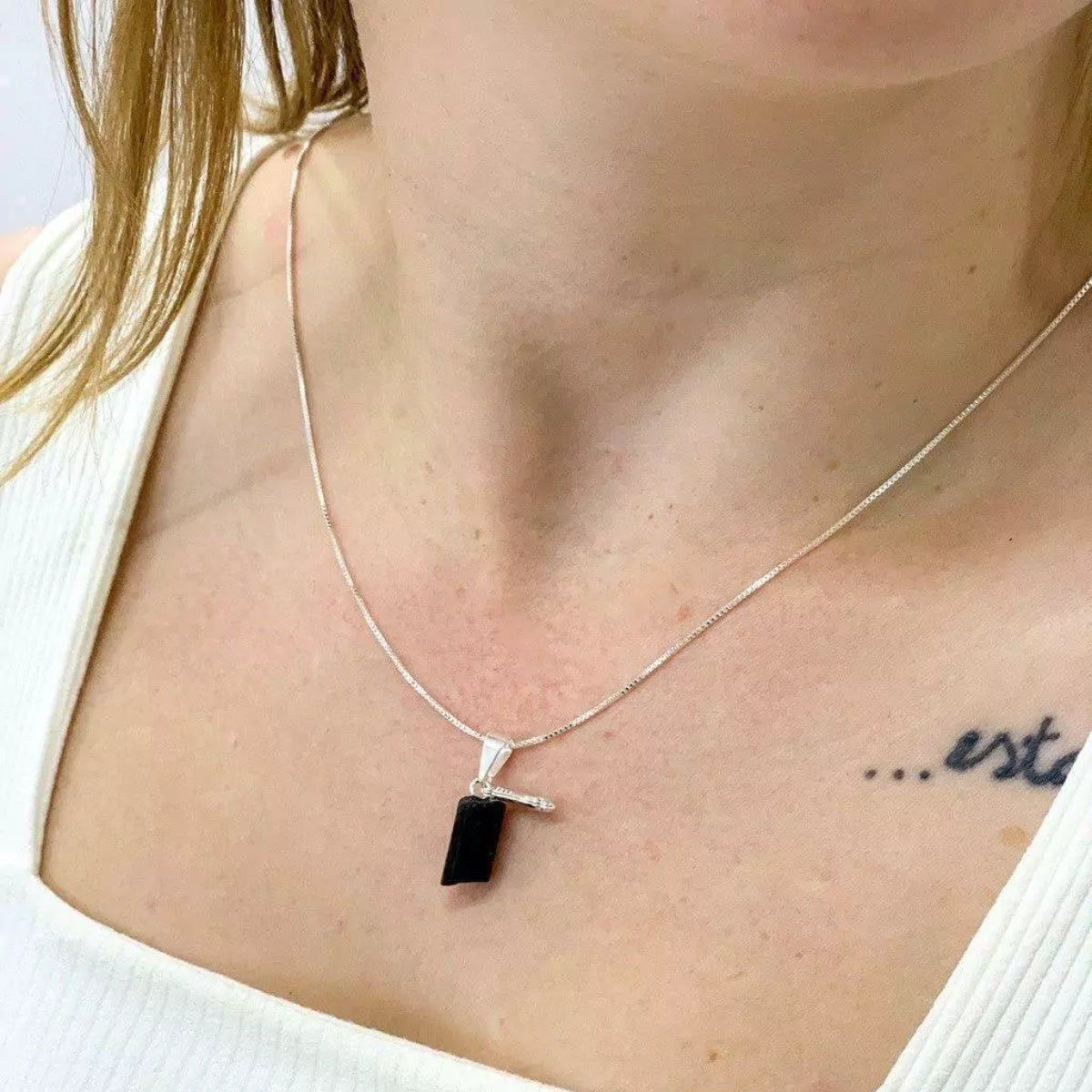 Colar Proteção Banho Prata - Turmalina Negra