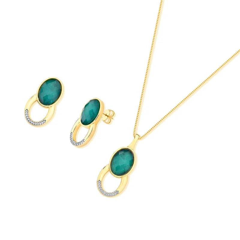 Conjunto Brinco e Colar em Pedra Esmeralda Facetada Banho Ouro 24k