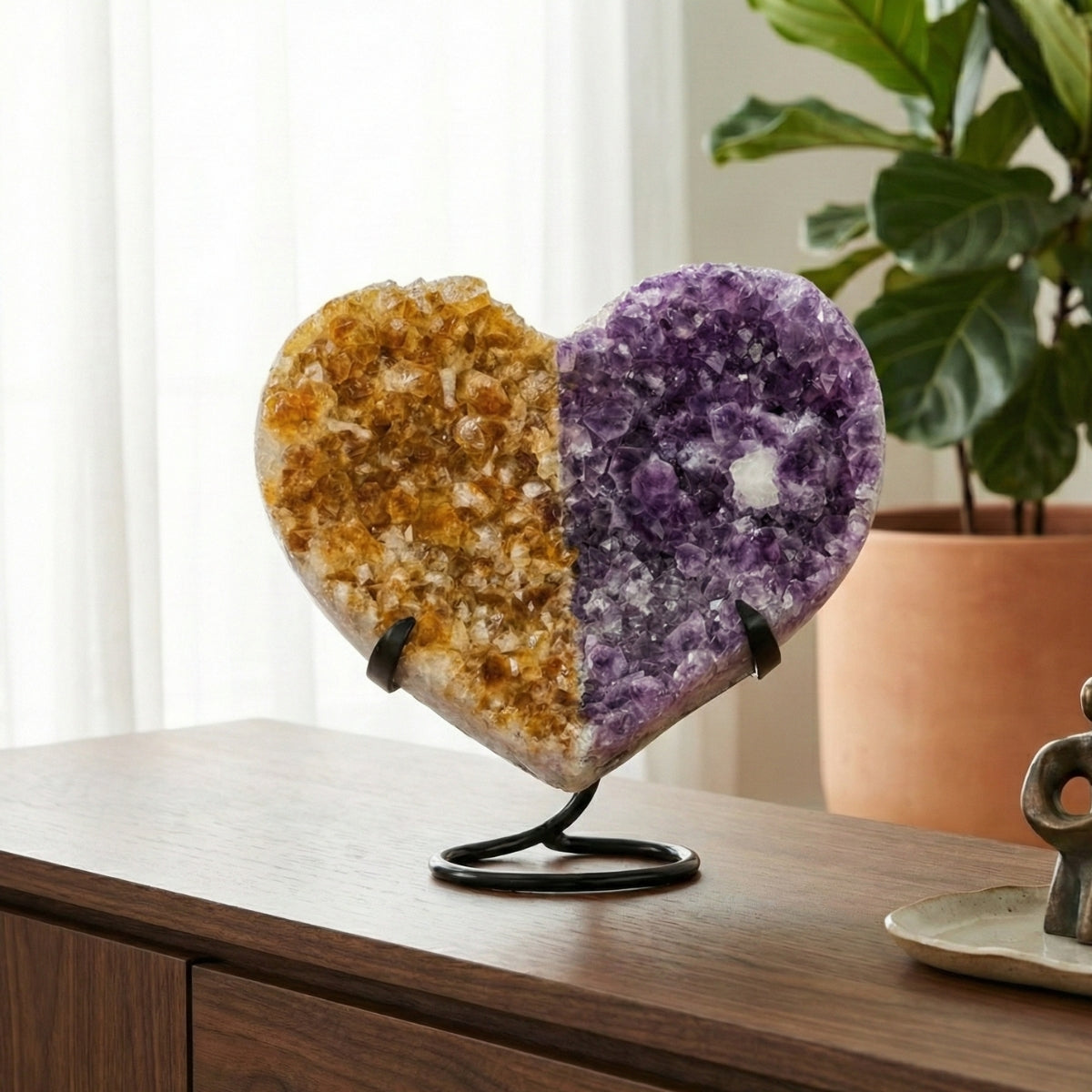Coração Drusa de Ametista e Citrino na Base Metal Preto 8,300 kg