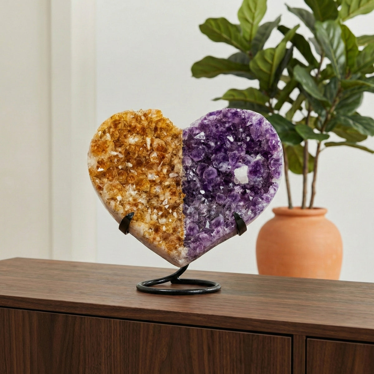 Coração Drusa de Ametista e Citrino na Base Metal Preto 8,300 kg
