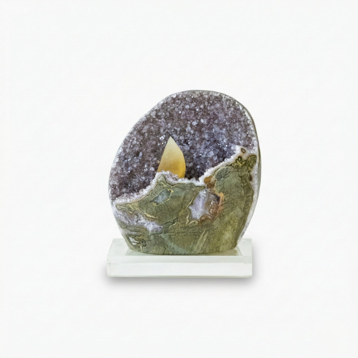 Drusa de Ametista Uruguaia com Inclusão de Calcita na Base Acrílica 2,147 kg