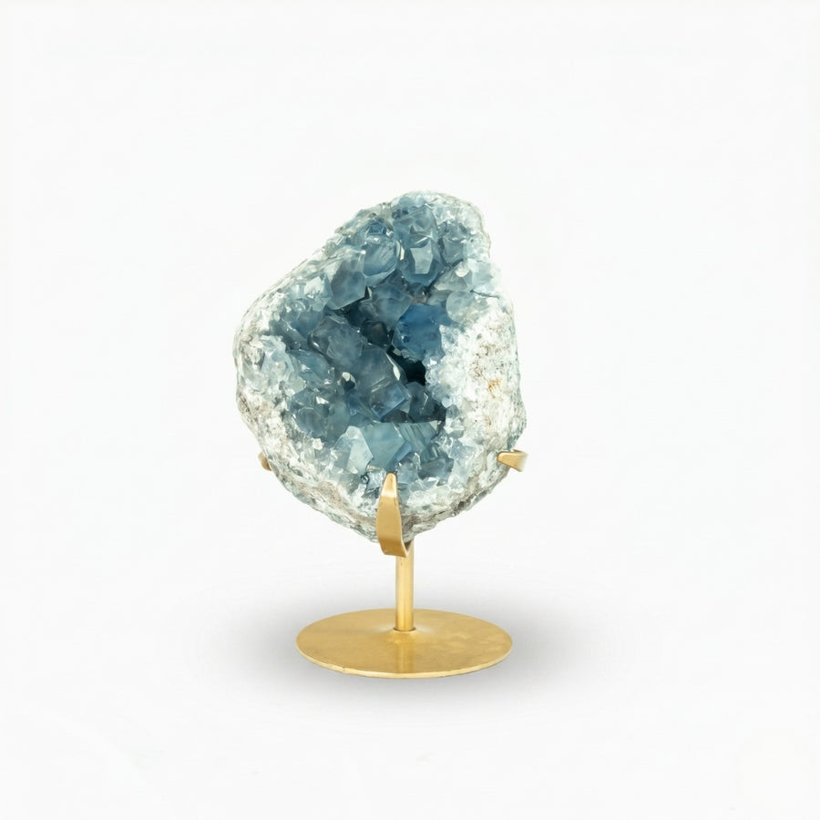 Drusa de Celestita Natural na Base Metal Dourado 5,090 kg