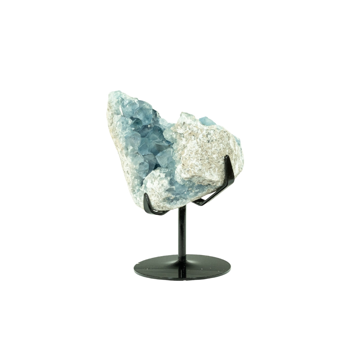 Drusa de Celestita Natural na Base Metal Preto 4,370 kg