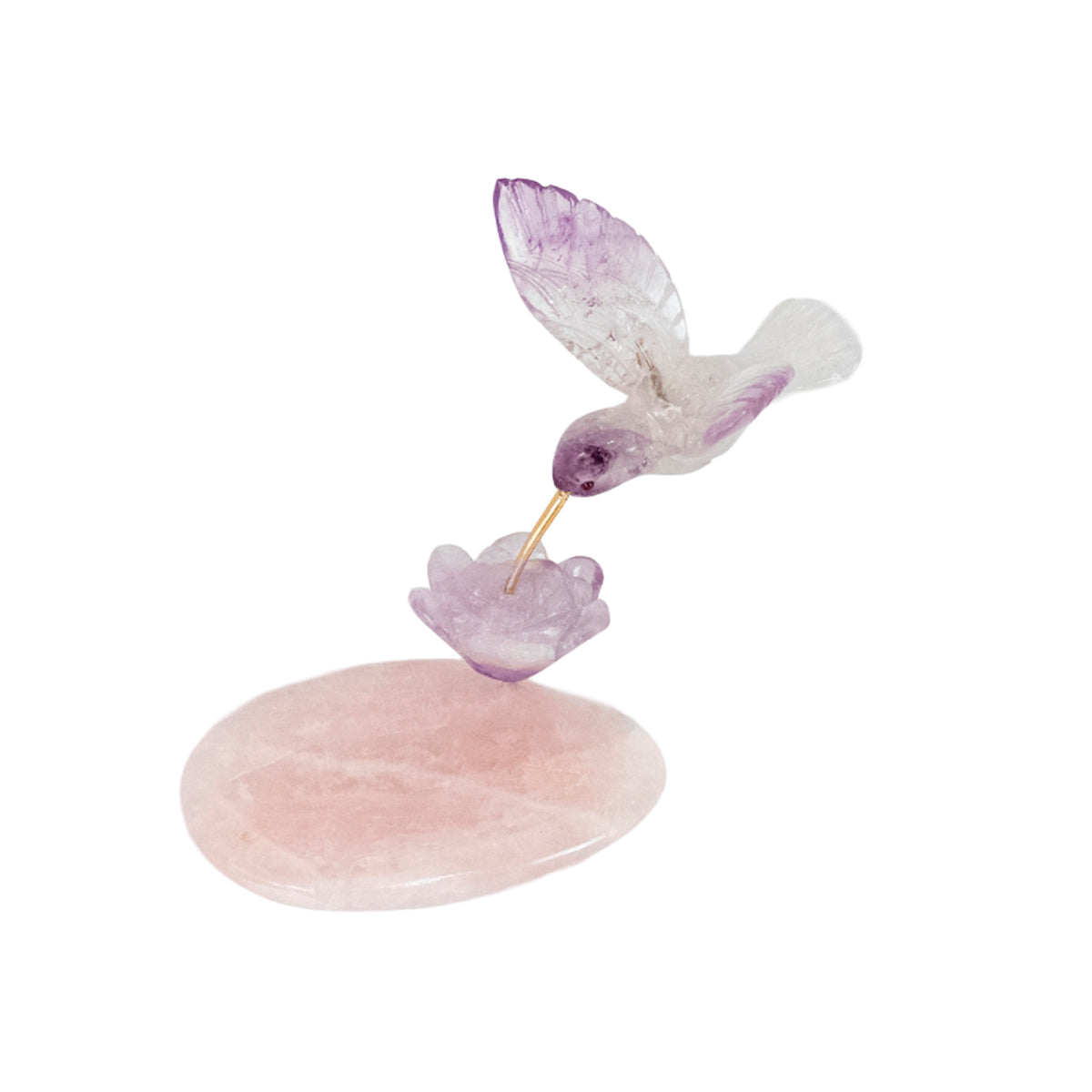 Escultura Beija-flor em Ametista Flor Lisiantos em Ametista Base Quartzo Rosa