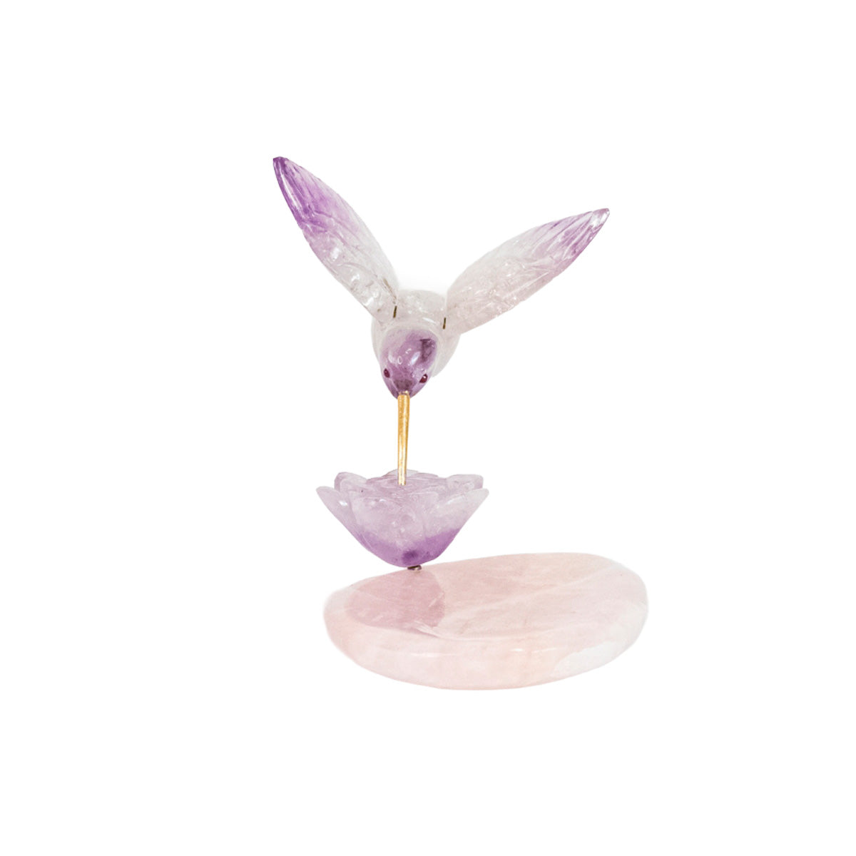 Escultura Beija-flor em Ametista Flor Lisiantos em Ametista Base Quartzo Rosa