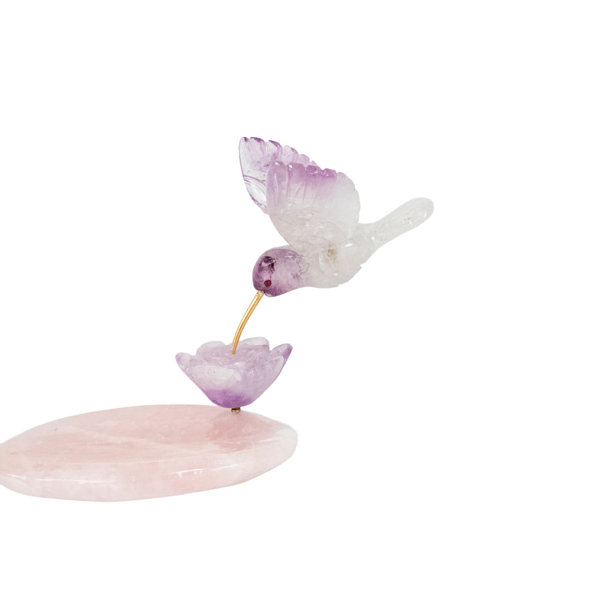 Escultura Beija-flor em Ametista Flor Lisiantos em Ametista Base Quartzo Rosa