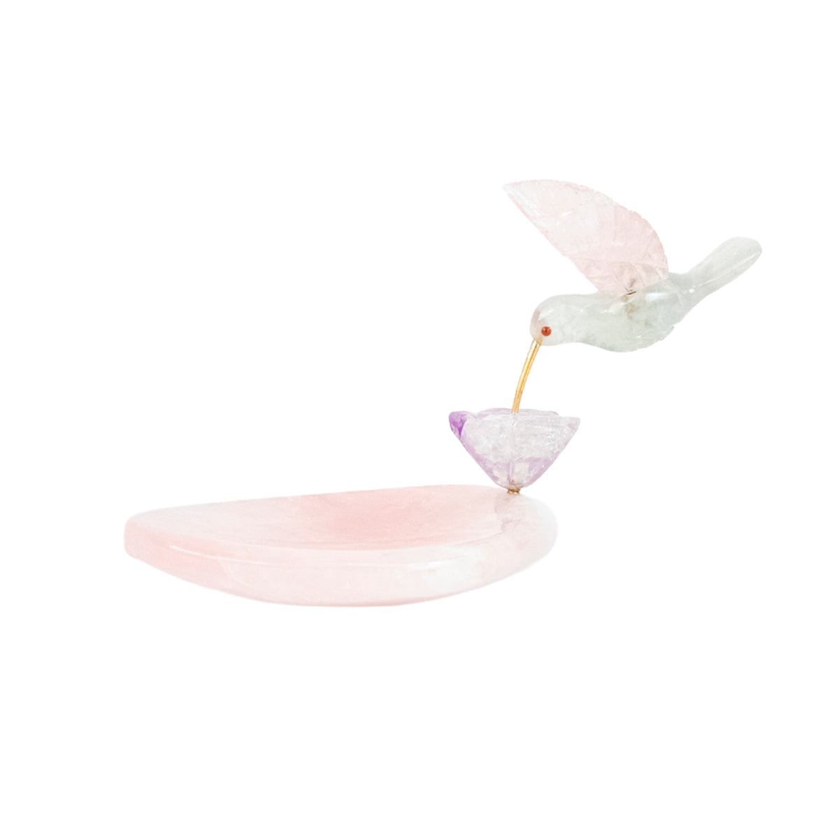 Escultura Beija-flor em Fluorita Flor Lisiantos em Ametista Base Quartzo Rosa