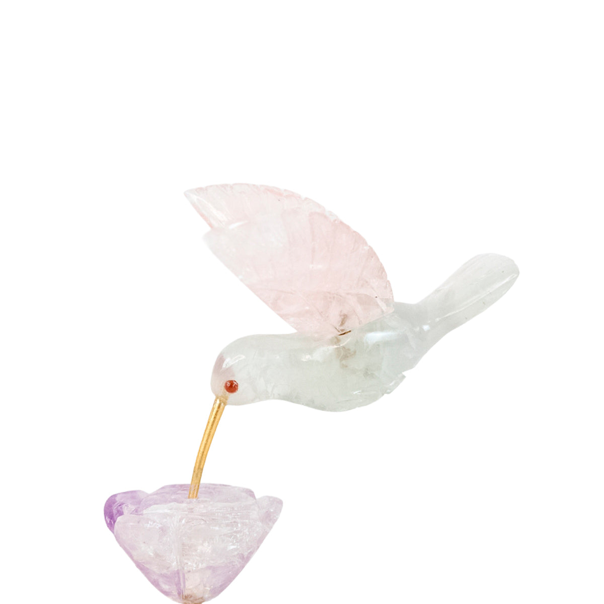Escultura Beija-flor em Fluorita Flor Lisiantos em Ametista Base Quartzo Rosa