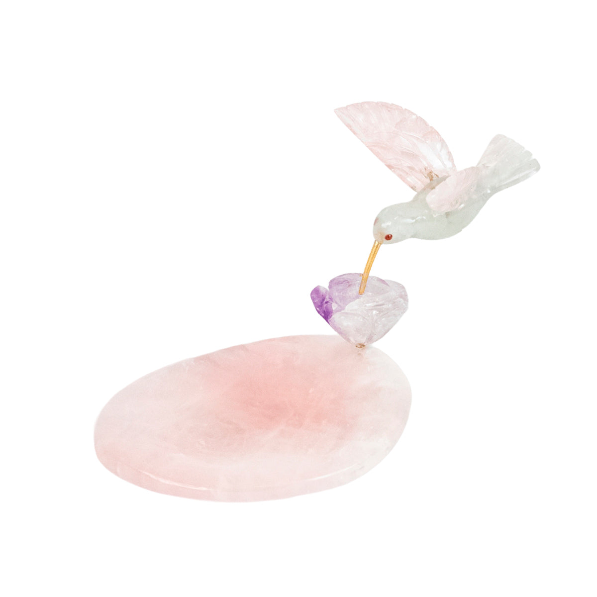 Escultura Beija-flor em Fluorita Flor Lisiantos em Ametista Base Quartzo Rosa