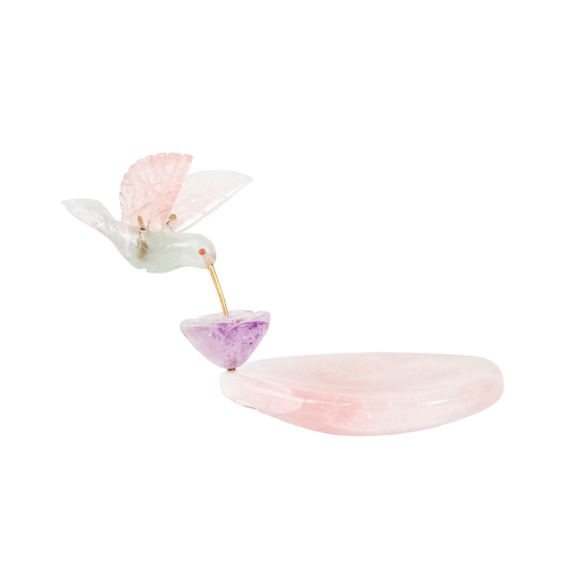 Escultura Beija-flor em Fluorita Flor Lisiantos em Ametista Base Quartzo Rosa
