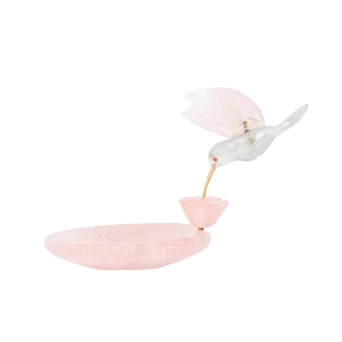 Escultura Beija-flor em Fluorita Flor Lisiantos em Quartzo Rosa Base Quartzo Rosa