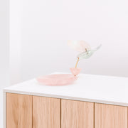 Escultura Beija-flor em Fluorita Flor Lisiantos em Quartzo Rosa Base Quartzo Rosa