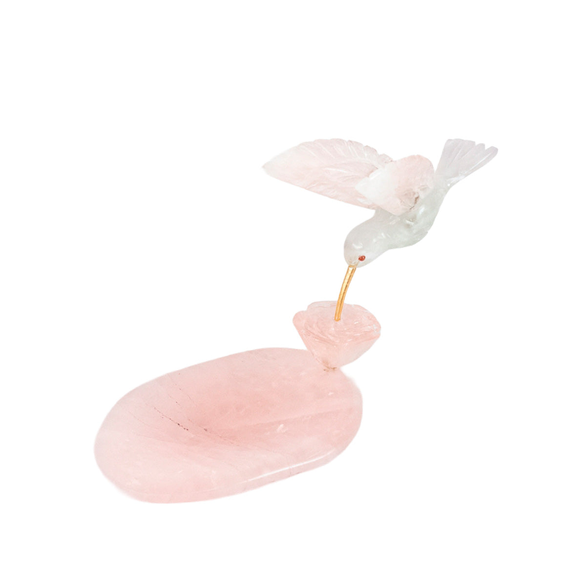 Escultura Beija-flor em Fluorita Flor Lisiantos em Quartzo Rosa Base Quartzo Rosa