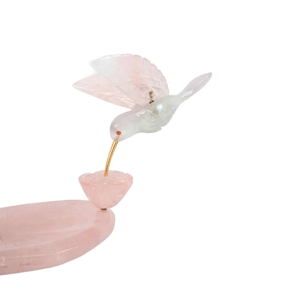 Escultura Beija-flor em Fluorita Flor Lisiantos em Quartzo Rosa Base Quartzo Rosa