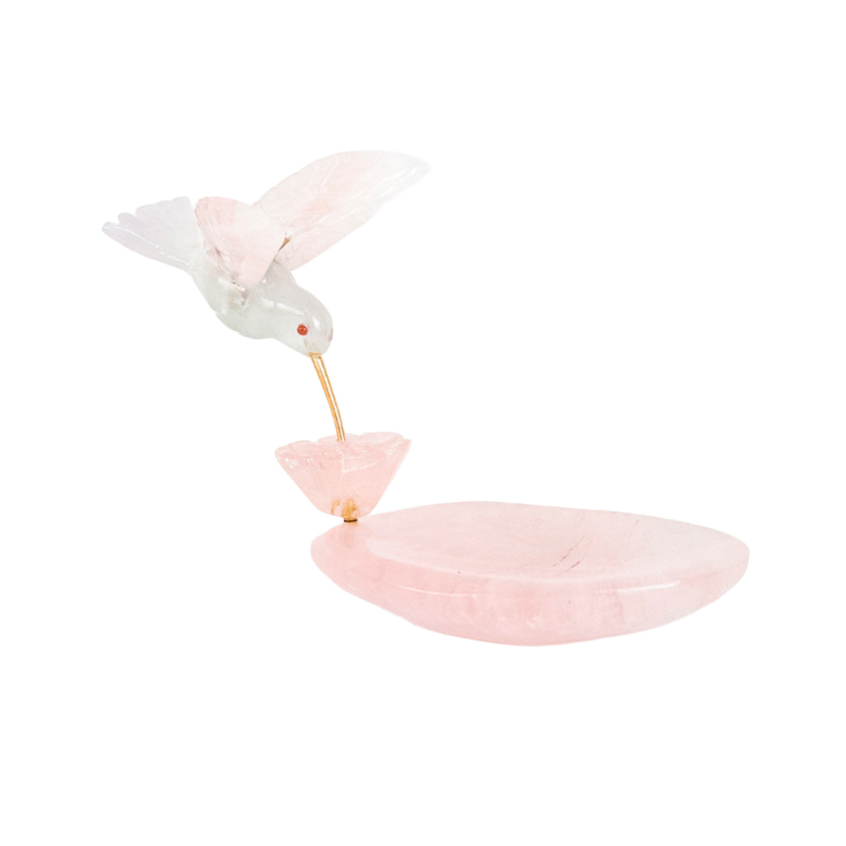 Escultura Beija-flor em Fluorita Flor Lisiantos em Quartzo Rosa Base Quartzo Rosa