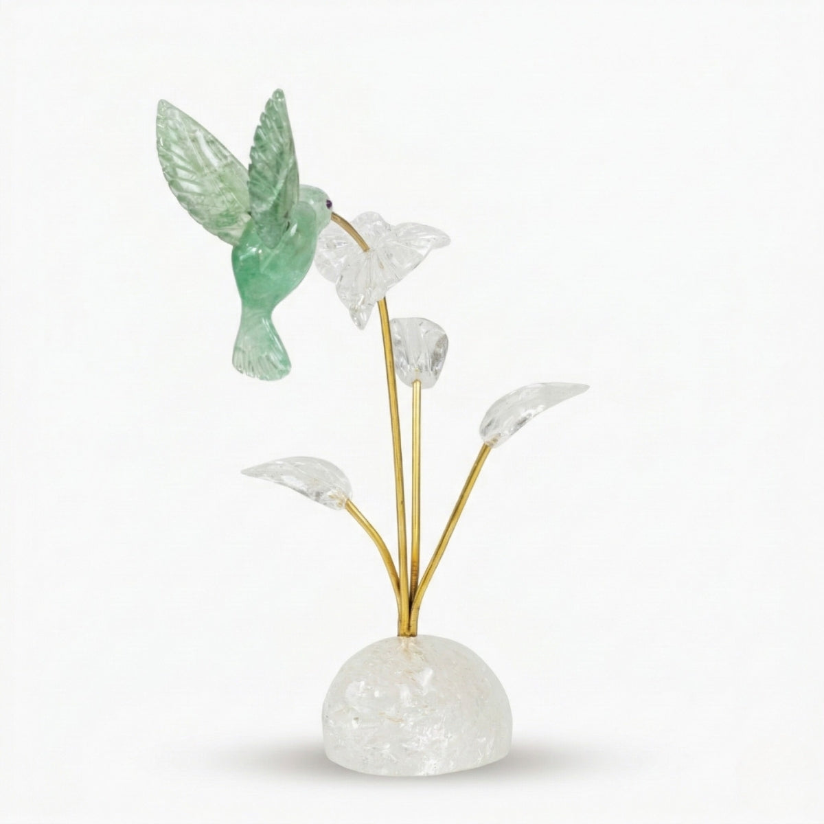 Escultura Beija-flor em Fluorita Verde Flor Lisiantos em Quartzo Cristal Base Cristal de Quartzo