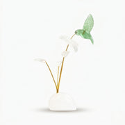 Escultura Beija-flor em Fluorita Verde Flor Lisiantos em Quartzo Cristal Base Cristal de Quartzo