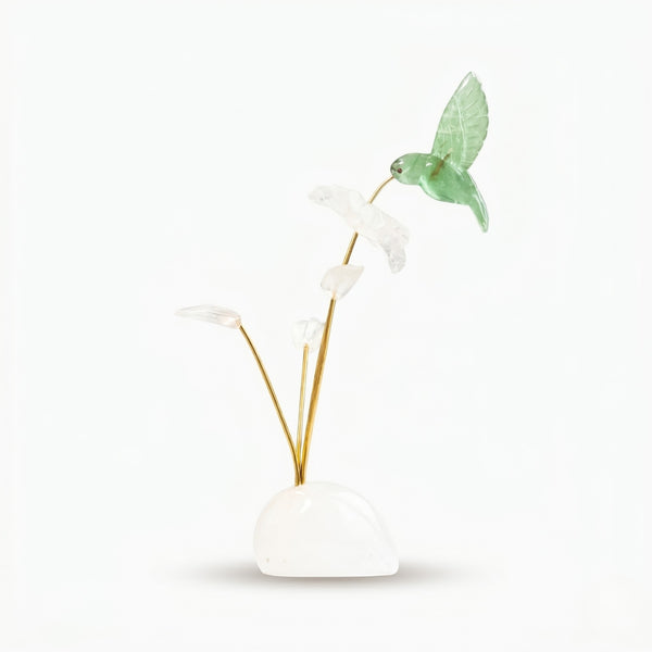 Escultura Beija-flor em Fluorita Verde Flor Lisiantos em Quartzo Cristal Base Cristal de Quartzo