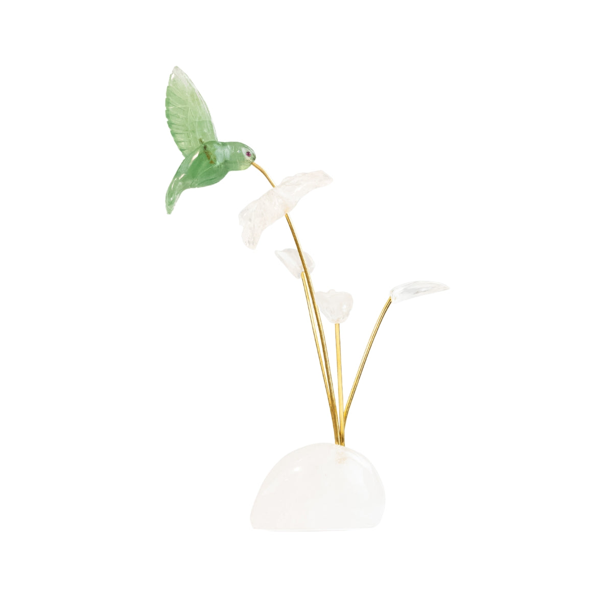 Escultura Beija-flor em Fluorita Verde Flor Lisiantos em Quartzo Cristal Base Cristal de Quartzo
