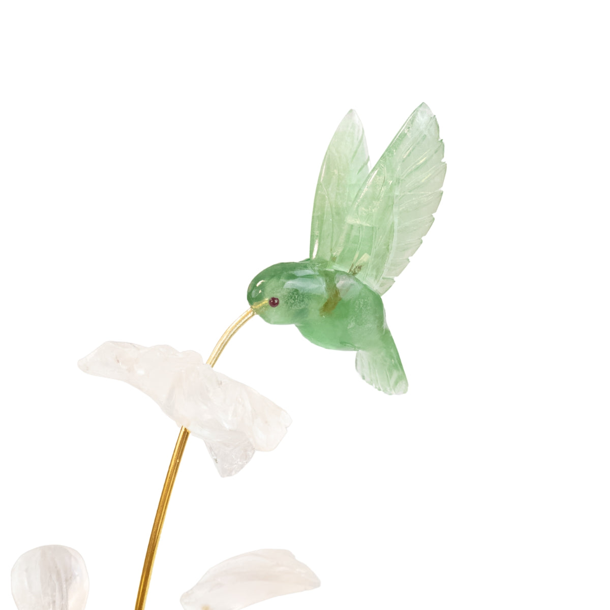 Escultura Beija-flor em Fluorita Verde Flor Lisiantos em Quartzo Cristal Base Cristal de Quartzo