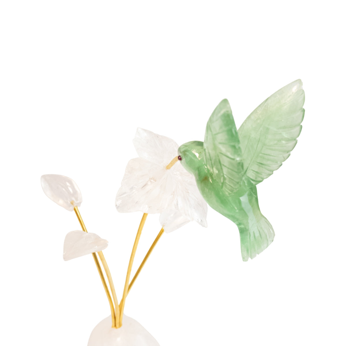 Escultura Beija-flor em Fluorita Verde Flor Lisiantos em Quartzo Cristal Base Cristal de Quartzo