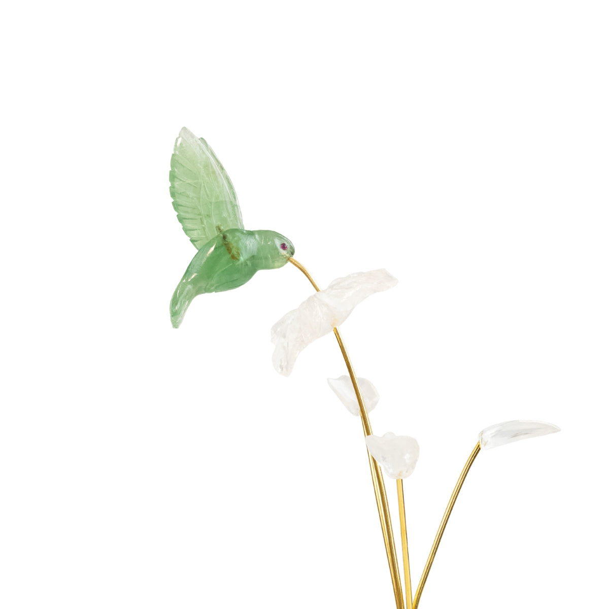 Escultura Beija-flor em Fluorita Verde Flor Lisiantos em Quartzo Cristal Base Cristal de Quartzo