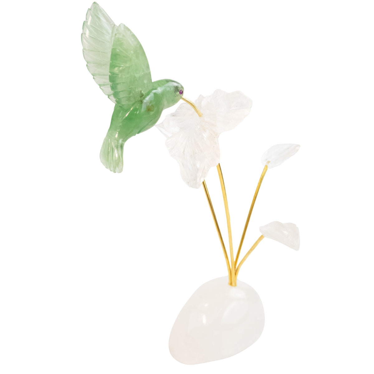 Escultura Beija-flor em Fluorita Verde Flor Lisiantos em Quartzo Cristal Base Cristal de Quartzo