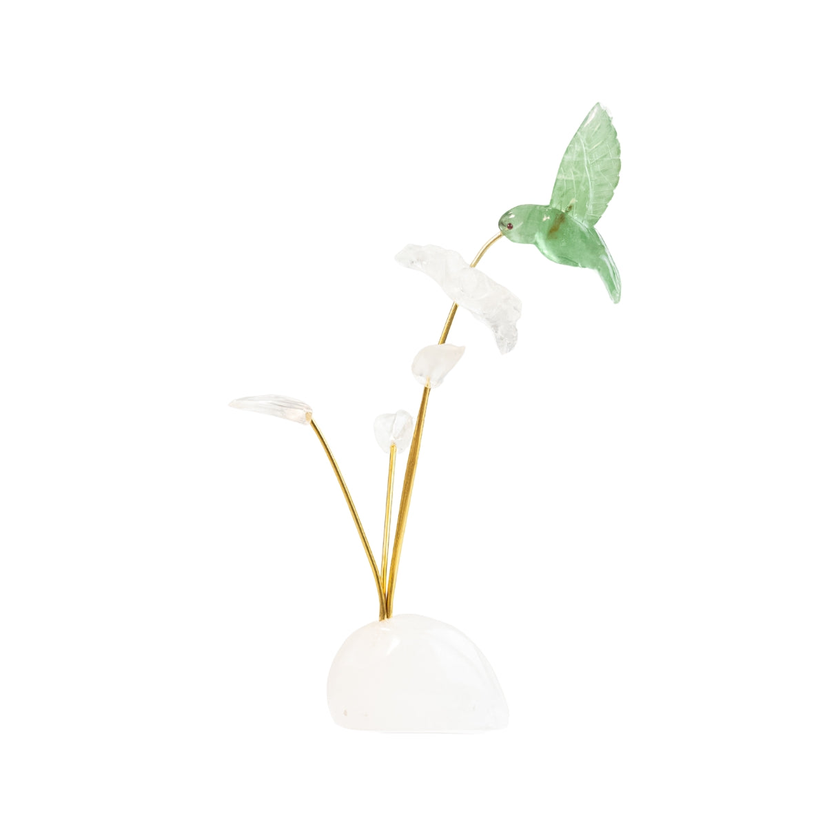 Escultura Beija-flor em Fluorita Verde Flor Lisiantos em Quartzo Cristal Base Cristal de Quartzo
