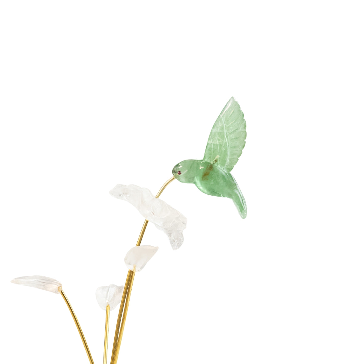 Escultura Beija-flor em Fluorita Verde Flor Lisiantos em Quartzo Cristal Base Cristal de Quartzo