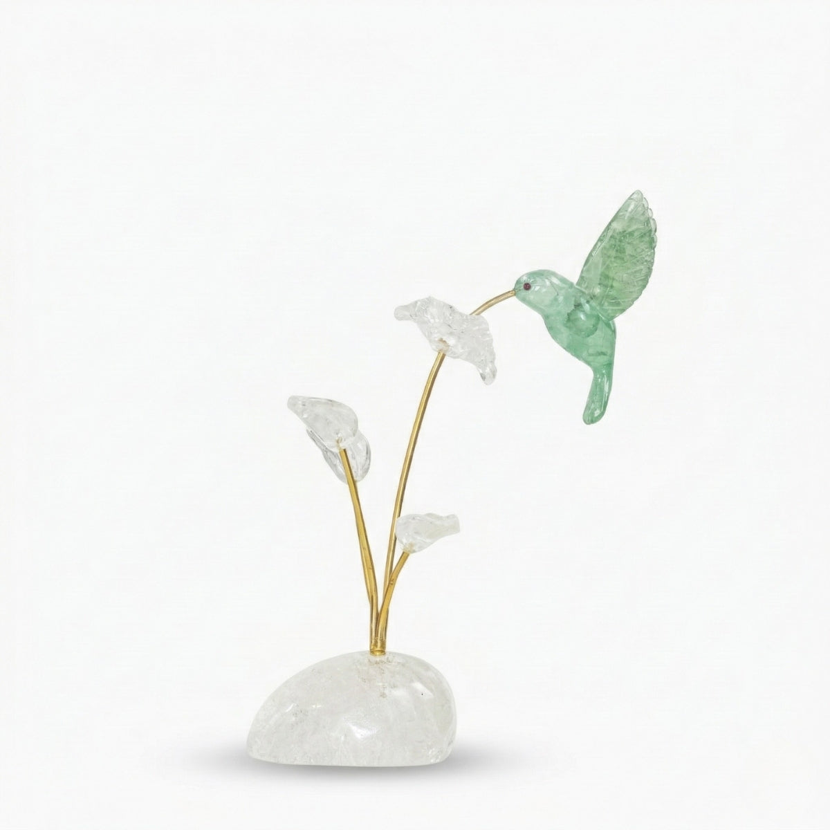 Escultura Beija-flor em Fluorita Verde Flor Lisiantos em Quartzo Cristal Base Cristal de Quartzo