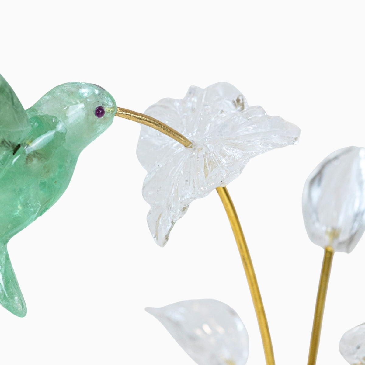 Escultura Beija-flor em Fluorita Verde Flor Lisiantos em Quartzo Cristal Base Cristal de Quartzo
