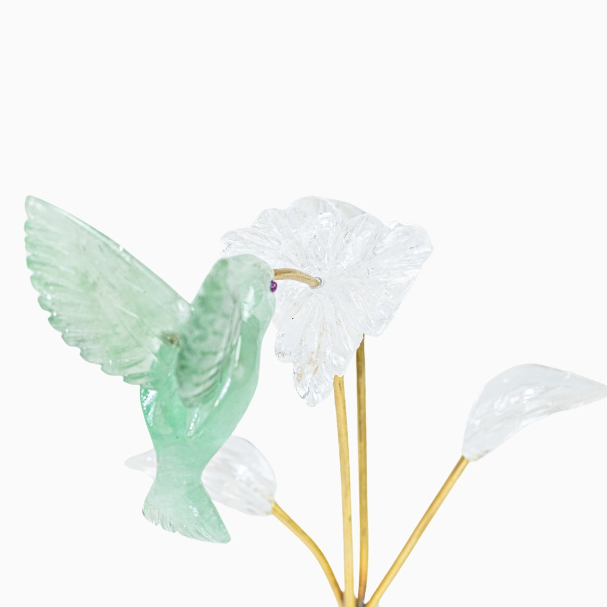 Escultura Beija-flor em Fluorita Verde Flor Lisiantos em Quartzo Cristal Base Cristal de Quartzo