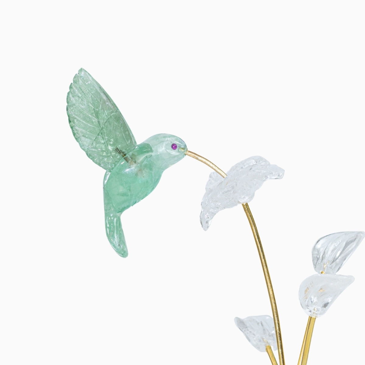 Escultura Beija-flor em Fluorita Verde Flor Lisiantos em Quartzo Cristal Base Cristal de Quartzo