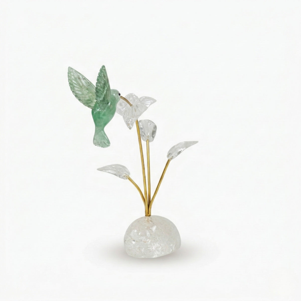 Escultura Beija-flor em Fluorita Verde Flor Lisiantos em Quartzo Cristal Base Cristal de Quartzo